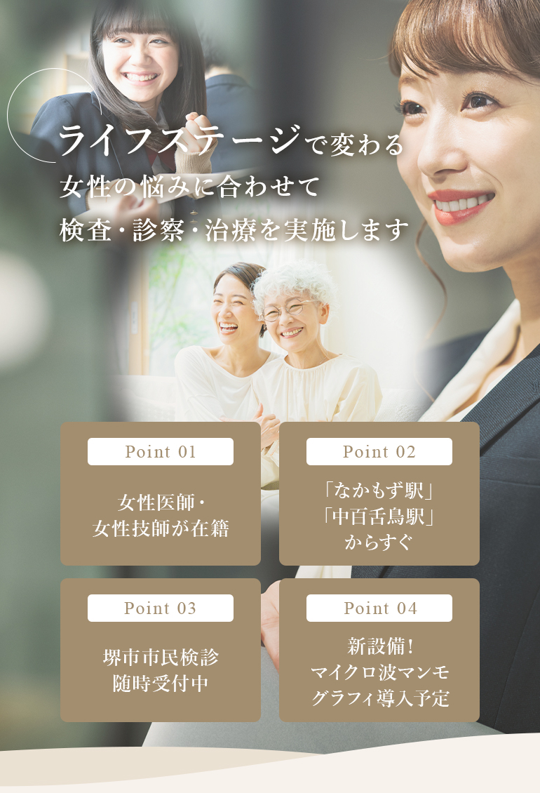 1952年開業以来、堺市の女性を中心に婦人科・乳腺外科・産科・内科の診療を実施しています